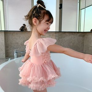韩版儿童泳衣女童甜美洋气宝宝连体花边连衣裙式可爱游泳装中小童