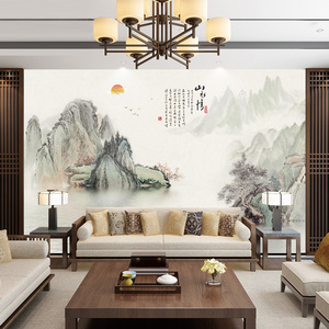 新中式国画山水墙布客厅沙发电视背景墙壁纸山水情壁画影视墙壁布