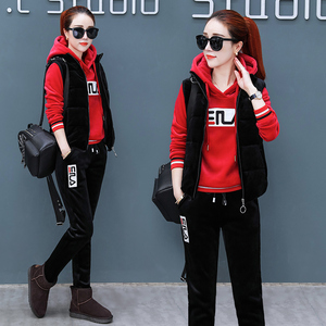 秋冬装加绒加厚卫衣女三件套2018新款金丝绒休闲运动服套装女冬款