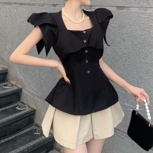 2021年新款设计感小众上衣黑色衬衫休闲夏装搭配套装女百褶半身裙