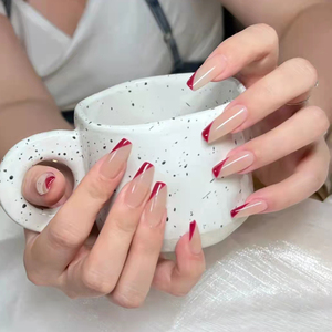 2021手工穿戴式美甲指甲贴片成品可拆卸玫红树红法式斜切气质显白