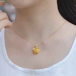 官方糊涂老庙祝黄金项链女足金999玫瑰花吊坠3d硬金锁骨套链24k纯