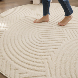 CASLN奶油色硅藻丝浮雕圆形地毯侘寂客厅茶几微防水书房卧室地垫