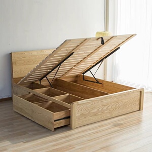 北欧单侧抽屉箱体床北美白蜡木高箱储物床侧翻多功能双人落地床