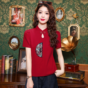 新中式红色纯棉短袖t恤女士装夏季2024新款国风修身显瘦体桖上衣
