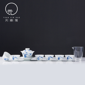 元薪号景德镇陶瓷茶具套组功夫套装盖碗手绘家用礼品青花兰香两盏