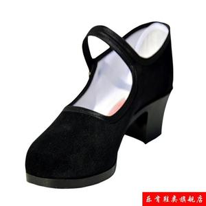 老北京布鞋女春夏一字带中跟平绒黑色工作单鞋妈妈日常休闲舞蹈鞋