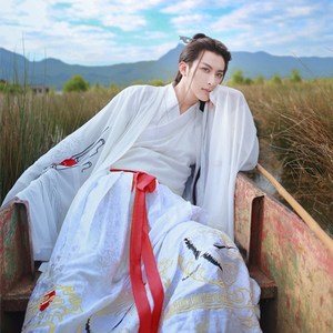 白色仙鹤古装汉服男 广袖棉麻绣花古风飘逸中性套装cos学生中国风