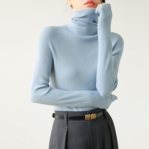 加厚无缝高领羊毛针织打底衫女秋冬修身内搭高级感堆堆领蓝色毛衣