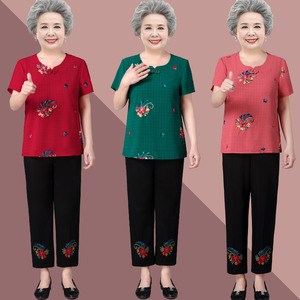 奶奶夏装套装老年人短袖棉麻舒适两件套女70岁妈妈装绣花圆领衣服