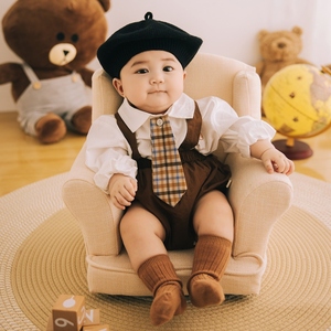 儿童摄影服装美拉德风宝宝百天照周岁照拍照服装小绅士棕色主题衣