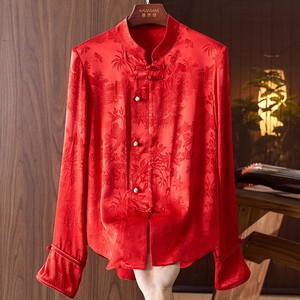 2024春装新款新中式轻国风复古红色提花立领长袖衬衫女士洋气上衣