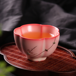 青瓷猪油冻锔钉主人杯五福杯红粉花瓣杯开片可养复古中式茶杯单盏