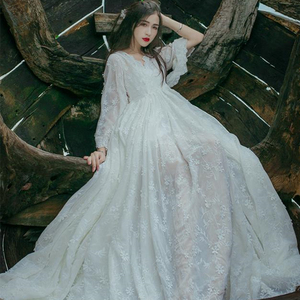 洱海拍照裙子白色连衣裙女仙拖地长裙仙气质超仙大裙摆超长款及踝