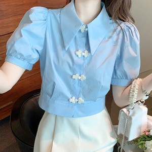 蓝色雪纺衬衫女夏季2024新款洋气尖领设计感小众短款泡泡袖上衣潮