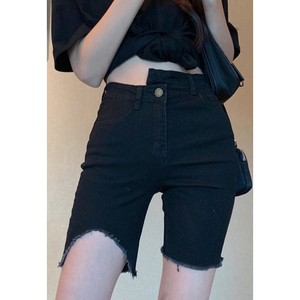 黑色牛仔短裤女夏季薄款2024年新款高腰修身显瘦直筒破洞五分中裤