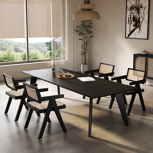 侘寂风黑色实木餐桌长方形家用白蜡木高级感意式极简长条桌工作台