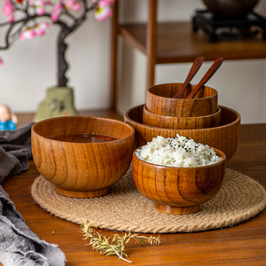 日式家用创意木质米饭碗餐具木制酸枣木碗大号汤面碗勺儿童木头碗