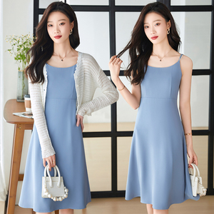 雪纺吊带连衣裙女夏新款高级感甜美a字连衣裙外搭针织开衫两件套
