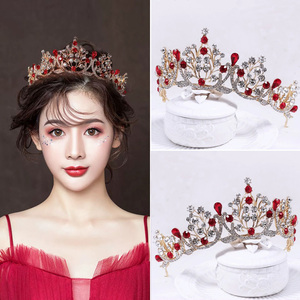 新款韩式新娘头饰皇冠红色发饰女十八岁巴洛克王冠生日礼物饰品中