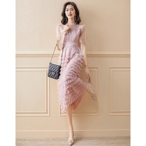 雪纺连衣裙女2023夏季新款法式蕾丝粉色时尚气质高级感蛋糕长裙子