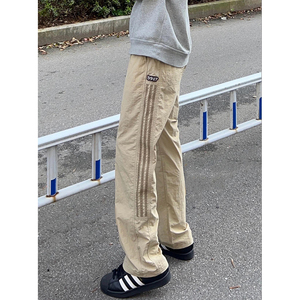 f2ocus卡其色条纹裤子男夏季美式工装裤直筒休闲三条杠速干运动裤