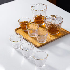 日式冰露金边茶具套装家用玻璃透明盖碗功夫茶杯子泡茶小套办公室