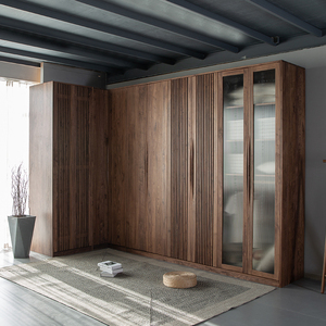 北美黑胡桃木小户型主卧室原木衣柜衣帽间定制转角衣柜平开门衣橱