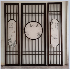 实木玄关门厅半透明纱画屏风花格电视背景隔断定制 新中式东阳木