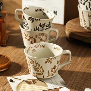 舍里日式咖啡杯艺术手绘陶瓷马克杯高档复古磨砂粗陶杯早餐燕麦杯