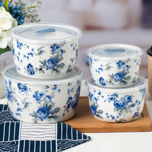 应州东进蓝色玫瑰陶瓷保鲜碗四件套装梅花图案带盖保鲜盒饭碗可爱