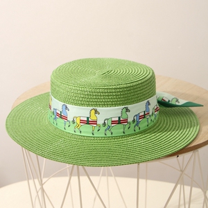 草绿色平顶礼帽女春夏休闲度假太阳帽海边旅行宽檐草帽平沿沙滩帽