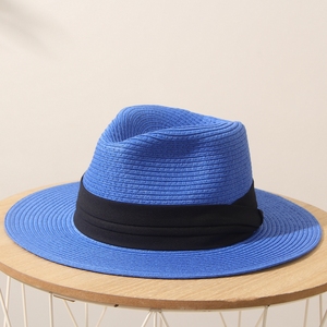 夏季蓝色遮阳帽草帽子女平沿宽檐礼帽男女可折叠巴拿马沙滩度假帽