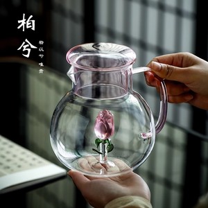 冷水壶立体玫瑰花茶壶耐热玻璃壶带把凉水壶泡茶壶家用大容量水壶