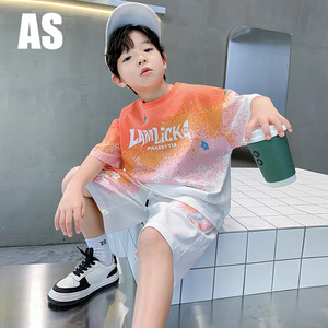 韩国AS品牌正品男童夏装渐变休闲套装2024新款儿童夏季短袖运动服