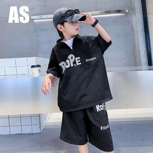 韩国AS品牌正品男童夏装黑色POLO拉链领套装2024新款儿童速干衣服