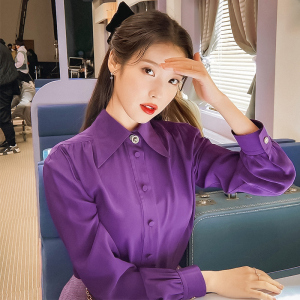 明星iu李知恩同款紫色衬衫女2021夏季新款气质长袖时尚上衣衬衣女