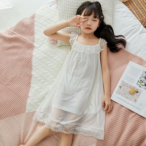 儿童睡衣夏季薄款中大童吊带裙短袖女孩公主蕾丝睡裙莫代尔居家服