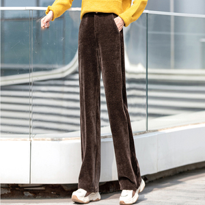 雪尼尔阔腿裤女加绒加厚宽松显瘦高腰休闲裤咖色金丝平绒直筒裤子