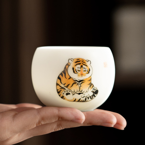 悟茶事 白瓷主人杯 景德镇手绘萌虎茶杯单个茶盏陶瓷个人品茗杯