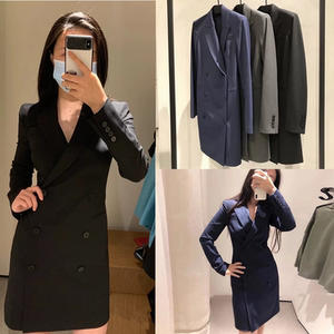 theory黑色西装裙美国代购秋季双排扣修身显瘦羊毛通勤ol连衣裙