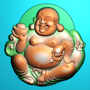 bd0285 布袋佛精雕图大肚佛弥勒佛翡翠手拿元宝玉雕图浮雕图