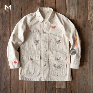 mainch 美式vintage重磅画家夹克阿美咔叽工装卡通涂鸦春季外套男