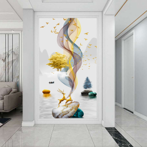 现代简约玄关壁纸竖版招财鹿壁布进门墙走廊过道背景墙布壁画轻奢