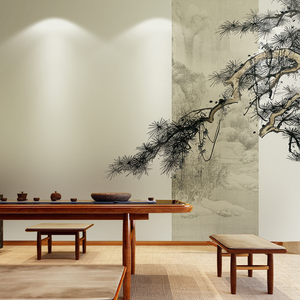 3d现代中式松枝仙鹤意境装饰壁纸5d客厅电视背景墙纸茶室定制壁画