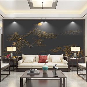 新中式轻奢大气山水墙纸金色浮雕背景墙壁纸客厅书房影视墙布壁画