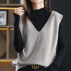 100%纯羊毛马甲背心女前后v领宽松无袖毛衣坎肩短款针织秋冬加厚