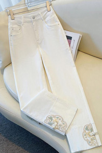 白色国风烟管牛仔裤女夏季薄款2024新款高腰新中式新款九分直筒裤