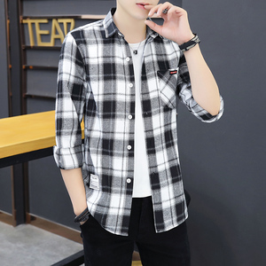秋季衬衫韩版新款小码男装矮个子XS码155细条纹S长袖格子衬衣外套