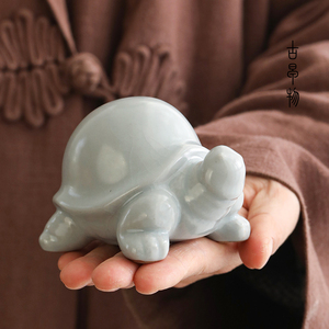 哥窑开片可养茶宠手工福寿龟 陶瓷家用摆件乌龟 茶桌茶玩茶台配件